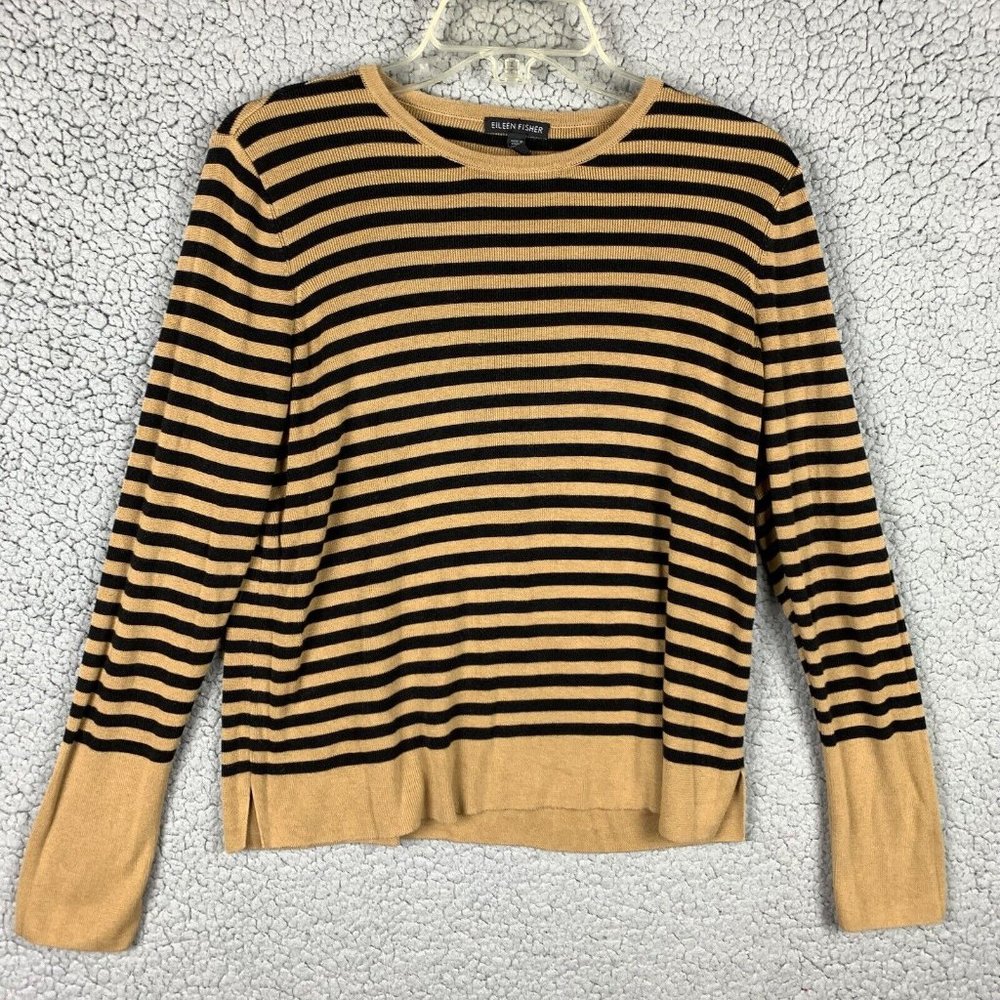 Eileen Fisher Sweater SP Tencel Silk Stretch Knit Crew Neck Black Gold Striped